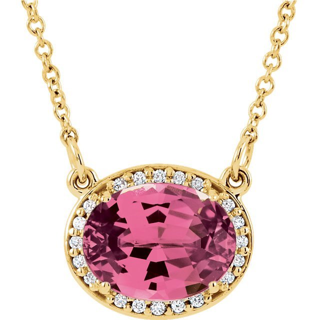 14KT GOLD 2.10 CT PINK TOURMALINE & 0.05 CTW DIAMOND OVAL HALO NECKLACE Yellow