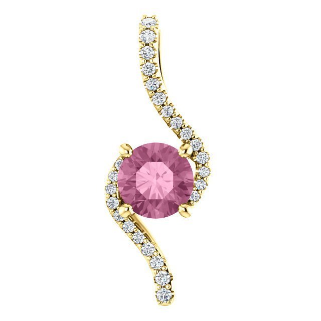 14KT GOLD PINK PASSION TOPAZ & 0.08 CTW DIAMOND ACCENT BYPASS PENDANT Yellow