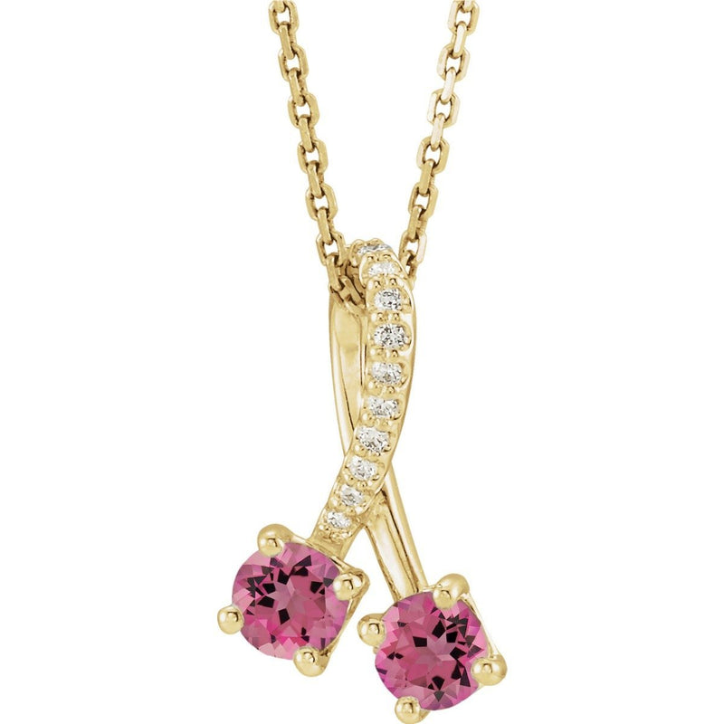 14KT GOLD 0.56 CTW PINK TOURMALINE & 1/5 CTW DIAMOND TWO STONE NECKLACE Yellow