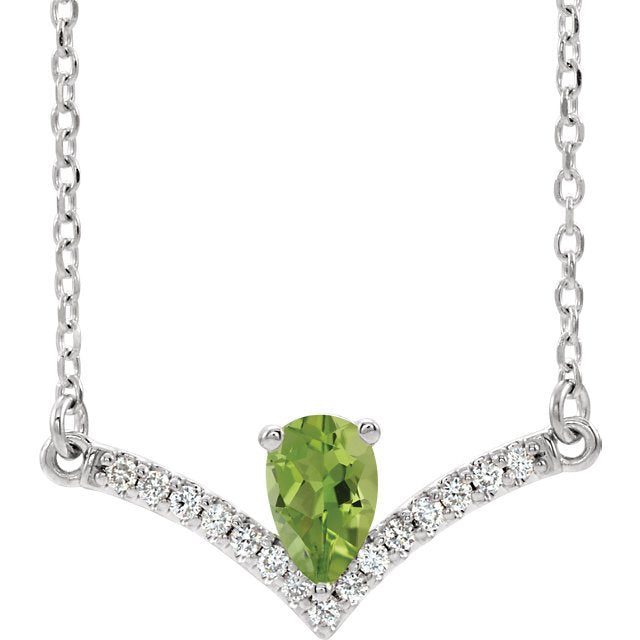 14KT Gold .48 CT Peridot & .08 CTW Diamond Accent "V" Bar Necklace White