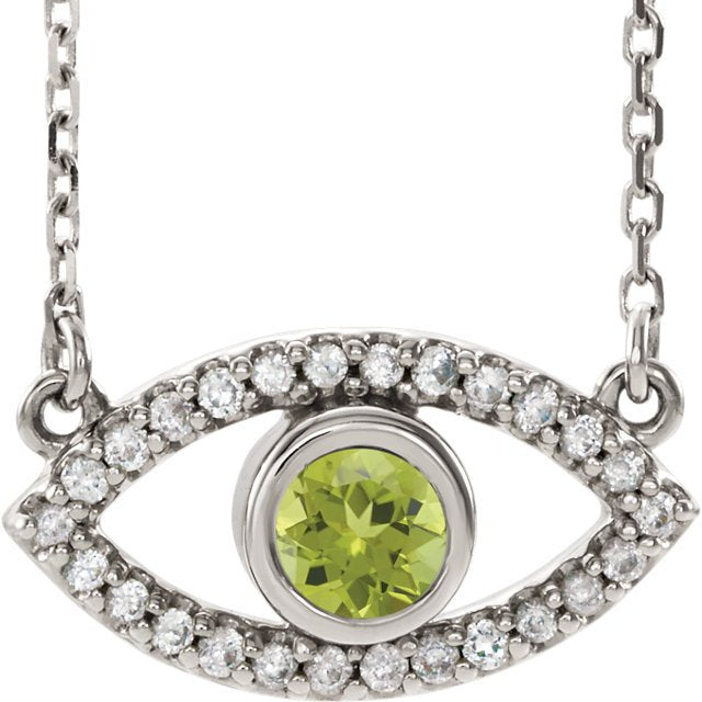 14KT GOLD .22 CT PERIDOT & .26 CTW SAPPHIRE EVIL-EYE NECKLACE 16 Inch / White,18 Inch / White