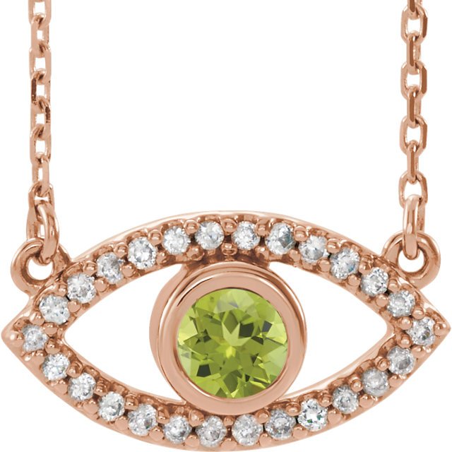14KT GOLD .22 CT PERIDOT & .26 CTW SAPPHIRE EVIL-EYE NECKLACE 16 Inch / Rose,18 Inch / Rose