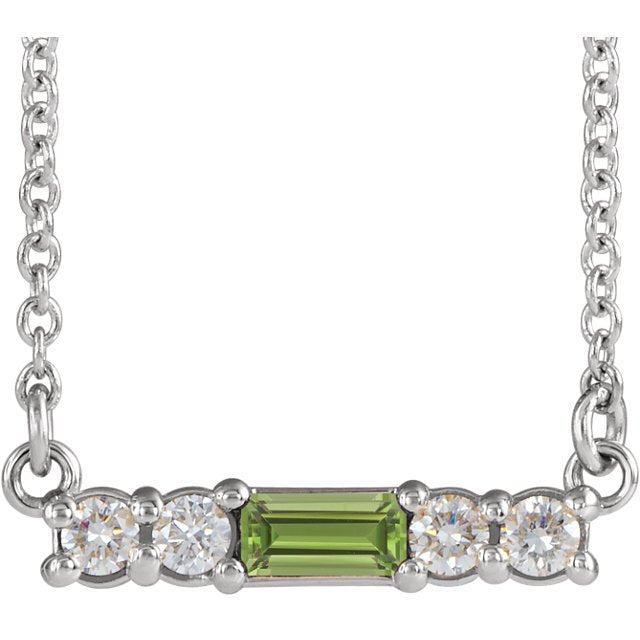 14KT GOLD PETITE .15 CT PERIDOT & .13 CTW DIAMOND ACCENT BAR NECKLACE 16 Inch / White,18 Inch / White