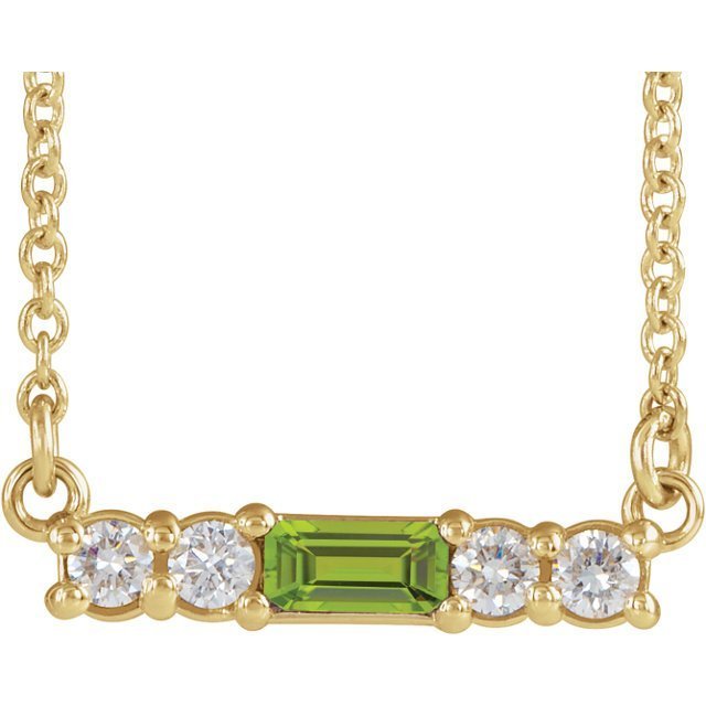 14KT GOLD PETITE .15 CT PERIDOT & .13 CTW DIAMOND ACCENT BAR NECKLACE 16 Inch / Yellow,18 Inch / Yellow