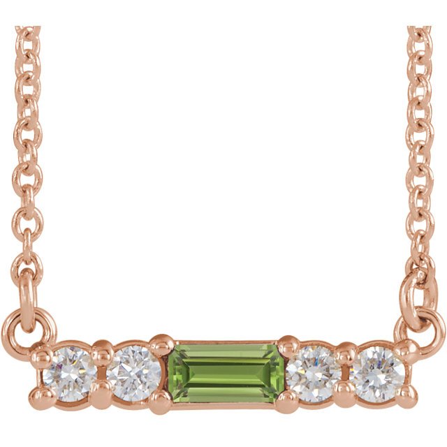 14KT GOLD PETITE .15 CT PERIDOT & .13 CTW DIAMOND ACCENT BAR NECKLACE 16 Inch / Rose,18 Inch / Rose