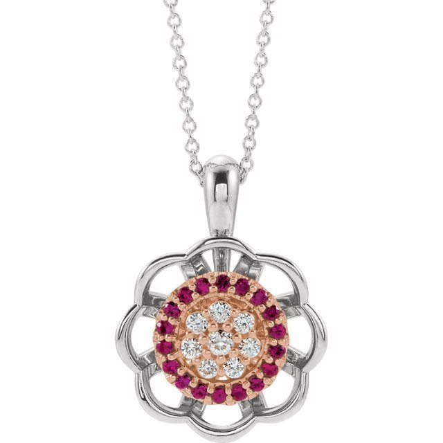 14KT GOLD RUBY & DIAMOND FLOWER HALO NECKLACE Rose and White