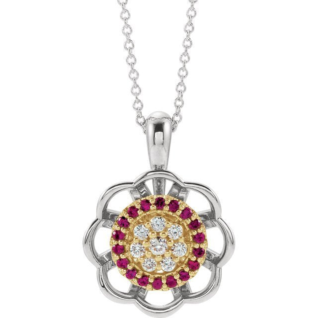 14KT GOLD RUBY & DIAMOND FLOWER HALO NECKLACE White and Yellow