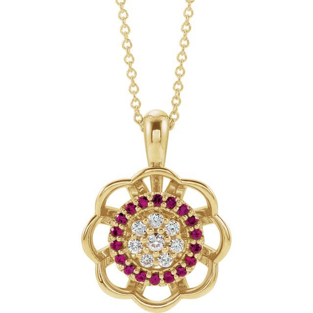 14KT GOLD RUBY & DIAMOND FLOWER HALO NECKLACE Yellow