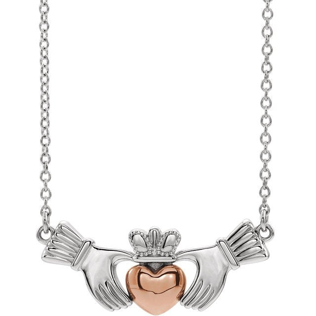 14KT Gold Claddagh Necklace - 18" Rose and White
