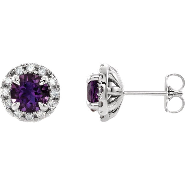 14KT GOLD LAB CRATED ALEXANDRITE & DIAMOND FRENCH-SET ROUND HALO EARRINGS-3 SIZES 1.28 CTW Alexandrite & .33 CTW Diamond / White,2.26 CTW Alexandrite & .33 CTW Diamond / White,.62 CTW Alexandrite & .20 CTW Diamond / White