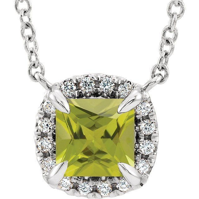14KT GOLD 0.40 CT PERIDOT & .06 CTW DIAMOND HALO NECKLACE 16 Inch / White,18 Inch / White