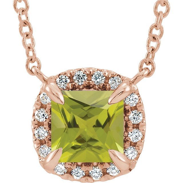 14KT GOLD 0.40 CT PERIDOT & .06 CTW DIAMOND HALO NECKLACE 16 Inch / Rose,18 Inch / Rose