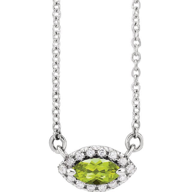14KT GOLD 0.28 CT PERIDOT & .06 CTW DIAMOND FRENCH-SET HALO NECKLACE 16 Inch / White,18 Inch / White