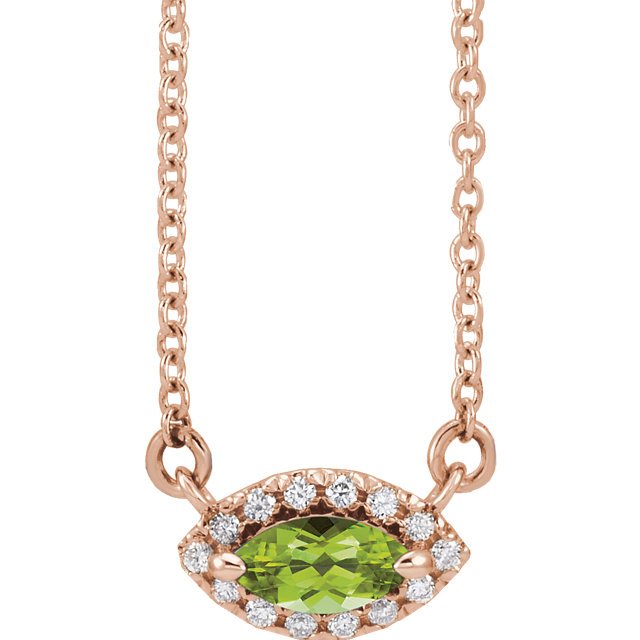 14KT GOLD 0.28 CT PERIDOT & .06 CTW DIAMOND FRENCH-SET HALO NECKLACE 16 Inch / Rose,18 Inch / Rose