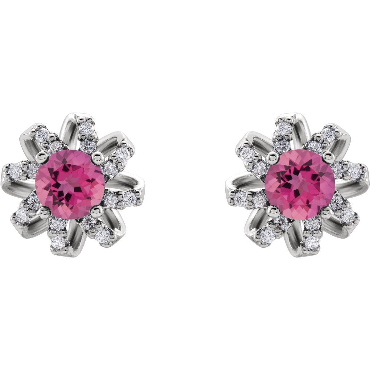 14KT GOLD 1.10 CTW PINK TOURMALINE & 1/8 CTW DIAMOND FLORAL HALO EARRINGS Rose,White,Yellow