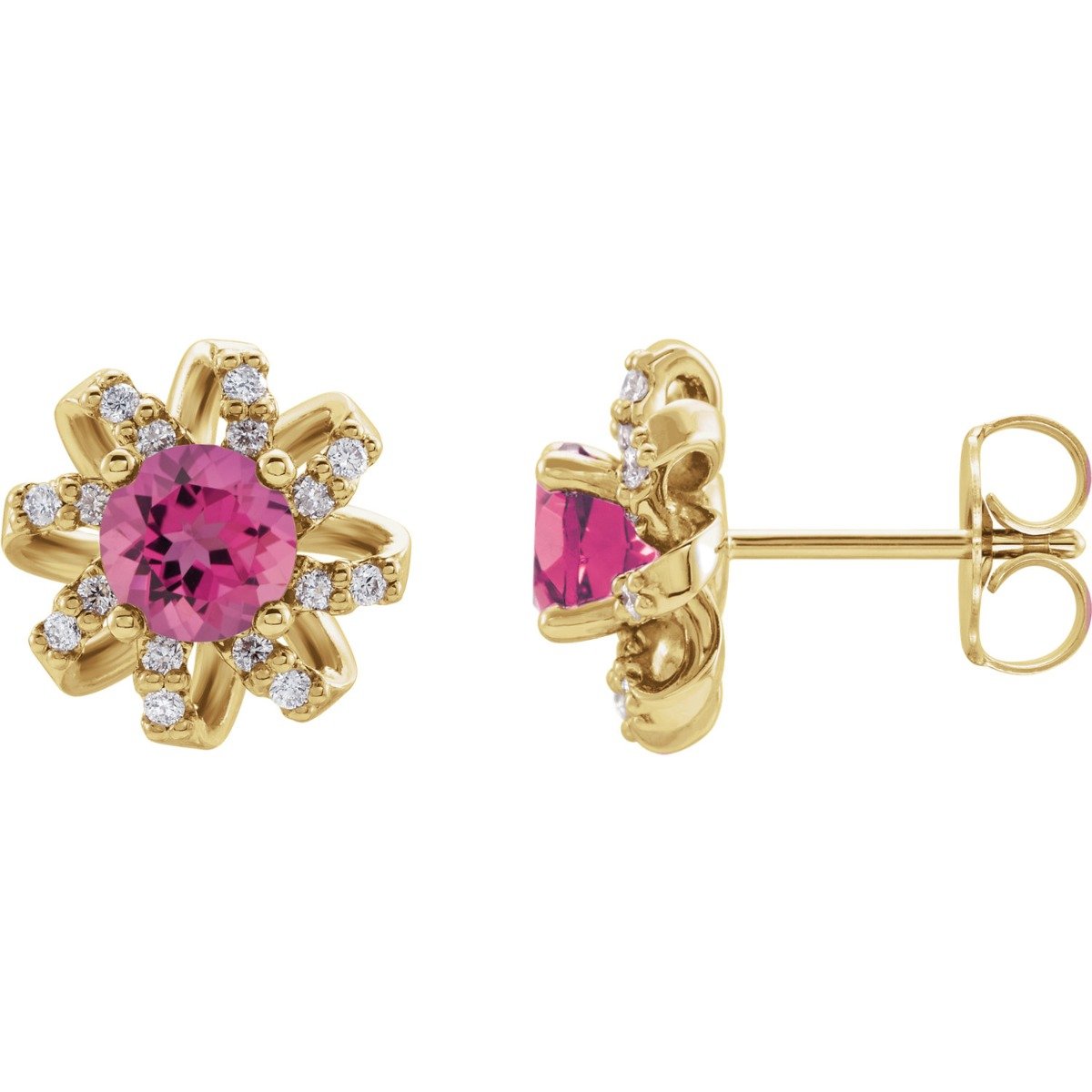 14KT GOLD 1.10 CTW PINK TOURMALINE & 1/8 CTW DIAMOND FLORAL HALO EARRINGS Yellow