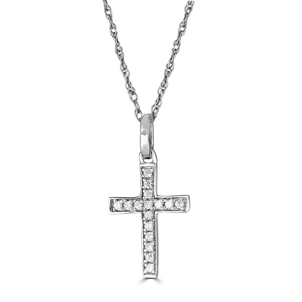 EMILIQUE 14KT GOLD PETITE 0.06CT ROUND DIAMOND CROSS PENDANT White / Yes,White / No,Yellow / Yes,Yellow / No,Rose / Yes,Rose / No