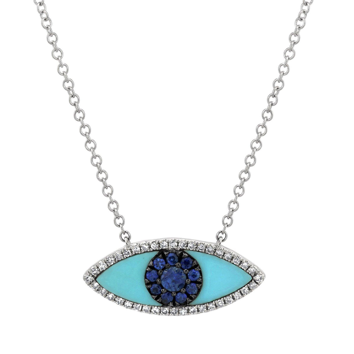 14KT GOLD 0.74 CTW BLUE SAPPHIRE, DIAMOND & COMPOSITE TURQUOISE EYE NECKLACE White