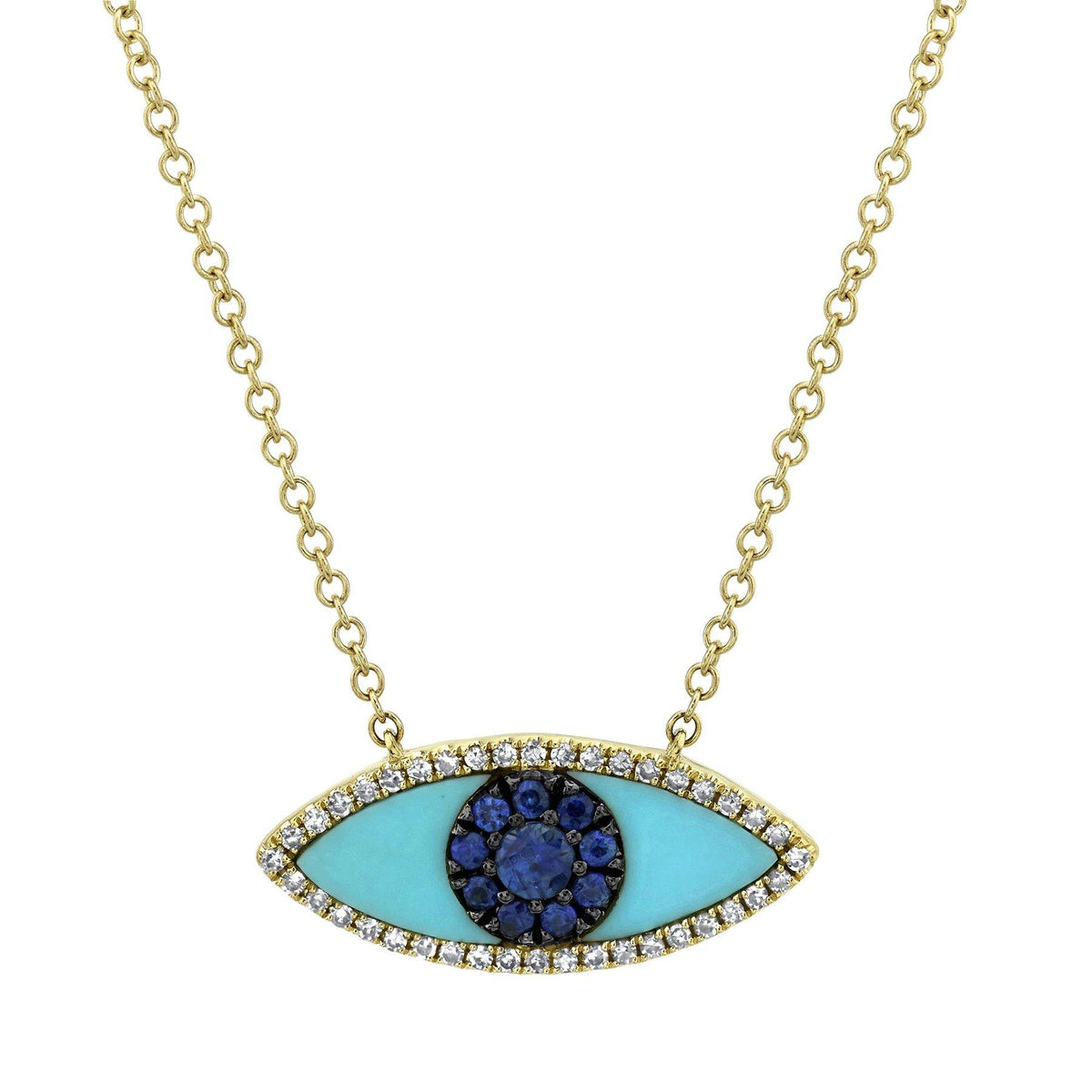 14KT GOLD 0.74 CTW BLUE SAPPHIRE, DIAMOND & COMPOSITE TURQUOISE EYE NECKLACE Yellow
