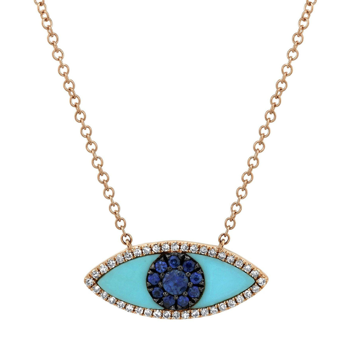 14KT GOLD 0.74 CTW BLUE SAPPHIRE, DIAMOND & COMPOSITE TURQUOISE EYE NECKLACE Rose