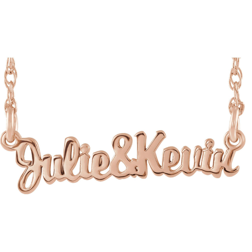 14KT Gold Script Couples Nameplate Necklace 16 Inches / 14KT Gold / Rose,16 Inches / 14KT Gold / White,16 Inches / 14KT Gold / Yellow,16 Inches / Sterling Silver / Rose,16 Inches / Sterling Silver / White,16 Inches / Sterling Silver / Yellow,16 Inches / Rose-Gold Plated Sterling Silver / Rose,16 Inches / Rose-Gold Plated Sterling Silver / White,16 Inches / Rose-Gold Plated Sterling Silver / Yellow,16 Inches / Yellow-Gold Plated Silver / Rose,16 Inches / Yellow-Gold Plated Silver / White,16 Inches / Yellow-G