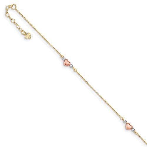 14KT TRI-COLOR PUFFED HEART ANKLET