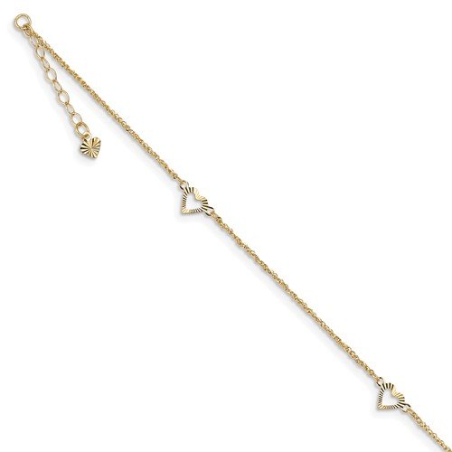 14KT Yellow Gold Diamond Cut Heart Anklet