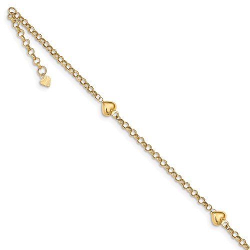 14KT Yellow Gold Puff Heart Cable Chain Anklet