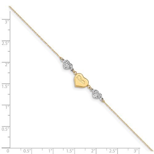 14KT TWO-TONE GOLD PUFFED HEARTS "MOM" ANKLET