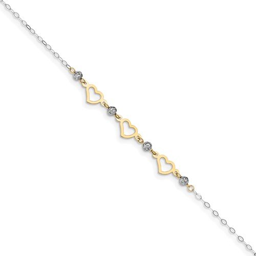 14KT TWO-TONE GOLD BEAD & HEART OVAL LINK ANKLET