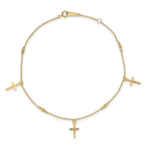 14KT Yellow Gold Polished & Textured Cross Anklet