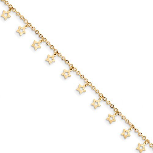 14KT Yellow Gold Polished And Textured Star Anklet
