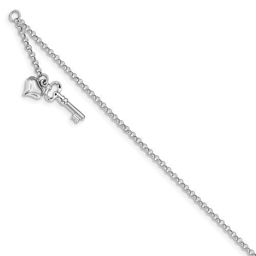 14KT WHITE GOLD PUFFED HEART AND KEY ANKLET