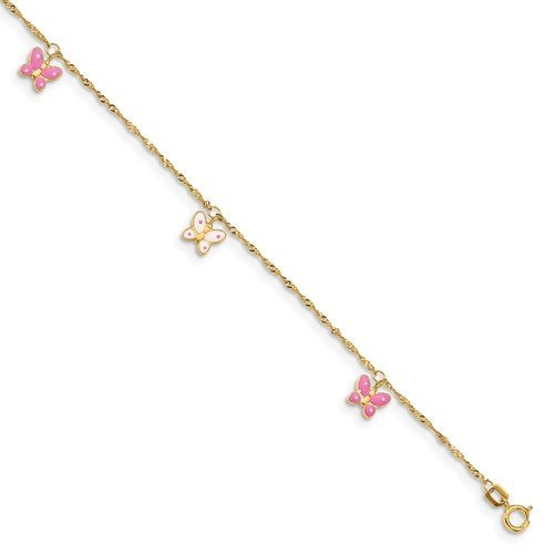 14KT Yellow Gold Pink & White Enamel Butterfly Anklet