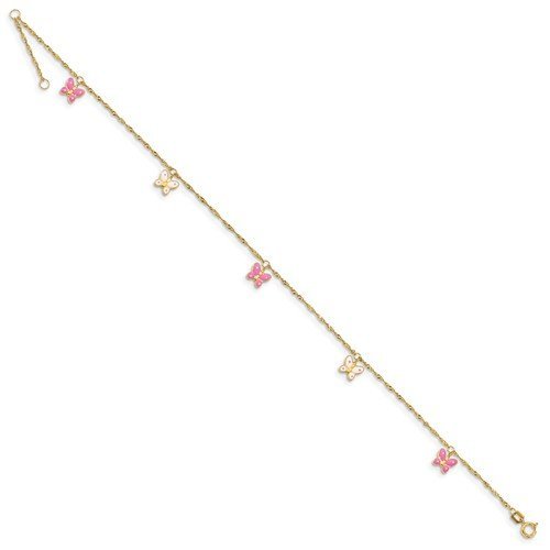 14KT Yellow Gold Pink & White Enamel Butterfly Anklet