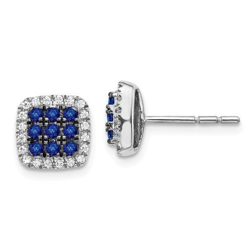 14KT GOLD 0.48 CTW SAPPHIRE & 0.20 CTW DIAMOND SQUARE CLUSTER HALO EARRINGS
