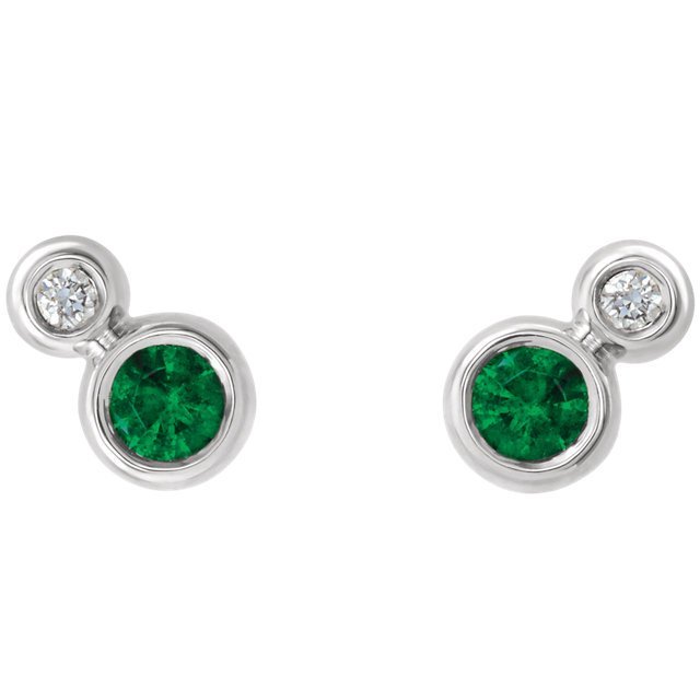 14KT Gold Emerald & Diamond Stud Earrings White