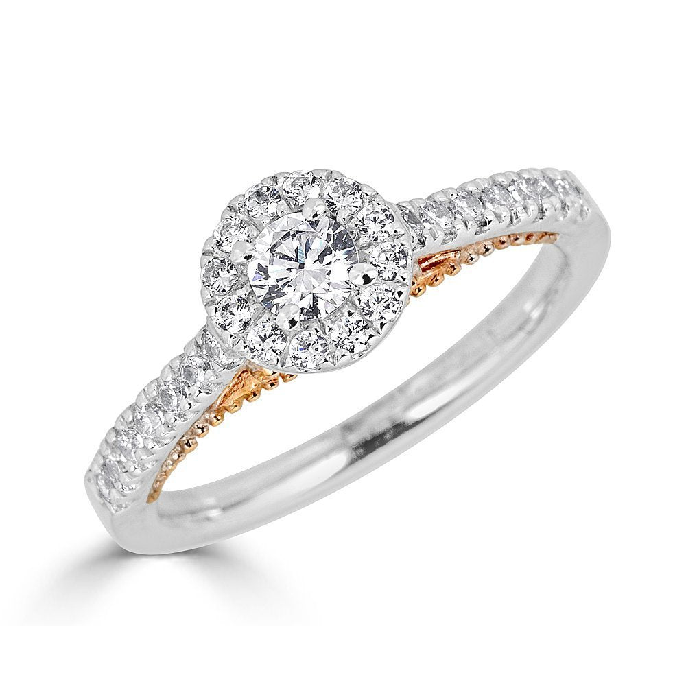 JULEVE 14KT TWO-TONE .50 CTW DIAMOND ROUND HALO CATHEDRAL RING 4,4.5,5,5.5,6,6.5,7,7.5,8,8.5,9