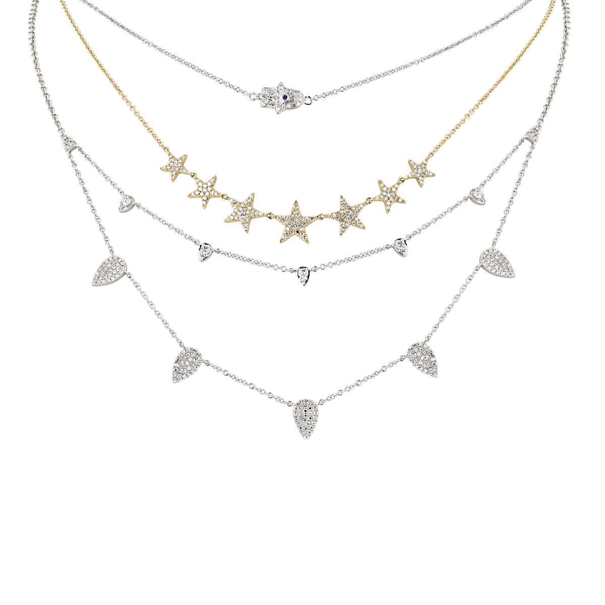 14KT Yellow Gold .35 CTW Diamond Pave Multi Star Necklace