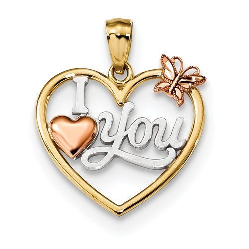 14KT THREE TONE "I LOVE YOU" HEART WITH BUTTERFLY PENDANT