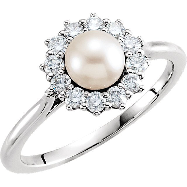 14KT White Gold Pearl & 1/3 CTW Diamond Halo Ring 4,4.5,5,5.5,6,6.5,7,7.5,8,8.5,9