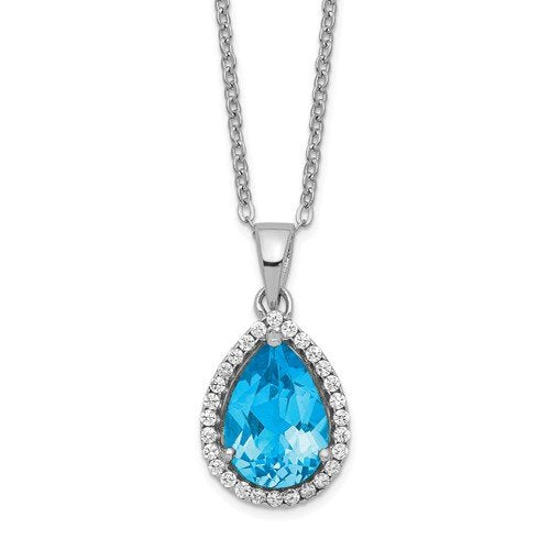 STERLING SILVER BLUE TOPAZ AND CUBIC ZIRCONIA PEAR SHAPE HALO PENDANT