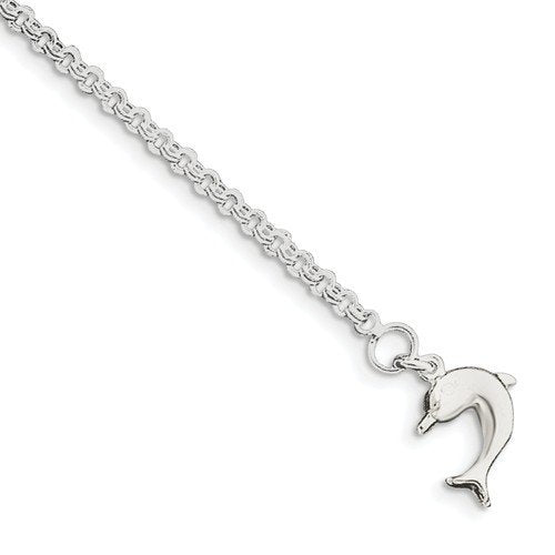 Sterling Silver Hollow 3-D Dolphin Anklet