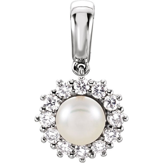 14KT White Gold Freshwater Cultured Pearl & 1/3 CTW Diamond Pendant No,Yes