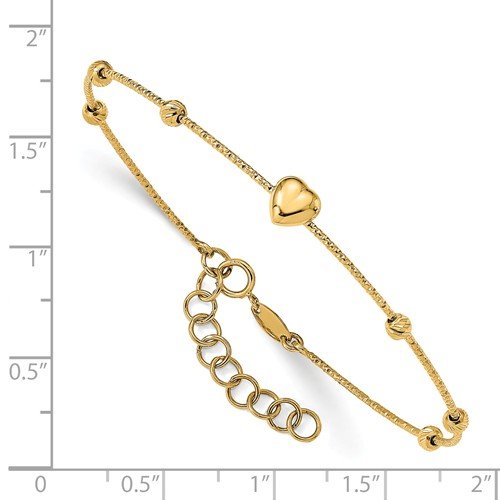 14KT Yellow Gold Diamond Cut Beads With Heart Flexible Bracelet