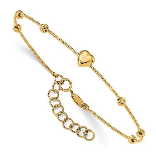14KT Yellow Gold Diamond Cut Beads With Heart Flexible Bracelet