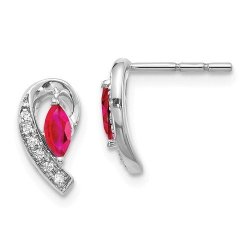 14KT GOLD .05 CTW DIAMOND & 0.33 CTW MARQUISE RUBY EARRINGS White