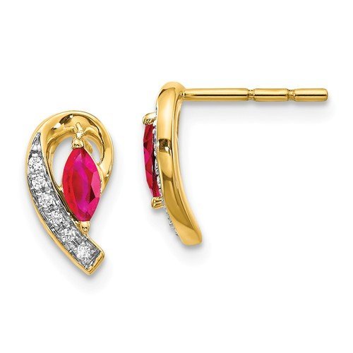 14KT GOLD .05 CTW DIAMOND & 0.33 CTW MARQUISE RUBY EARRINGS Yellow
