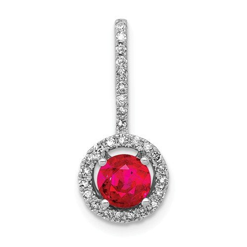 14KT WHITE GOLD RUBY AND ROUND DIAMOND HALO PENDANT