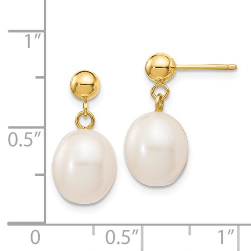 14KT Gold 8-9mm White Rice Freshwater Cultured Pearl Dangle Earrings